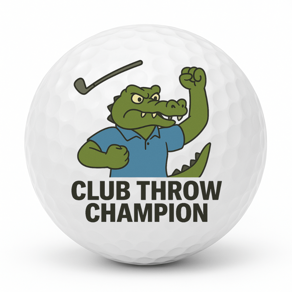 Cartoon crocodile golfer throwing a golf club with a raised fist and the text Club Throw Champion on a white golf ball.