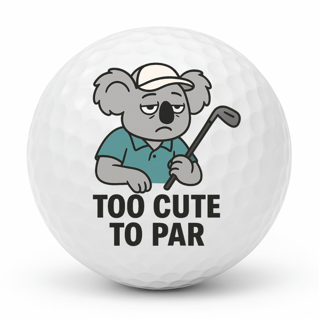 Dozy koala holding a golf club with the text Too Cute To Par printed on a novelty golf ball.