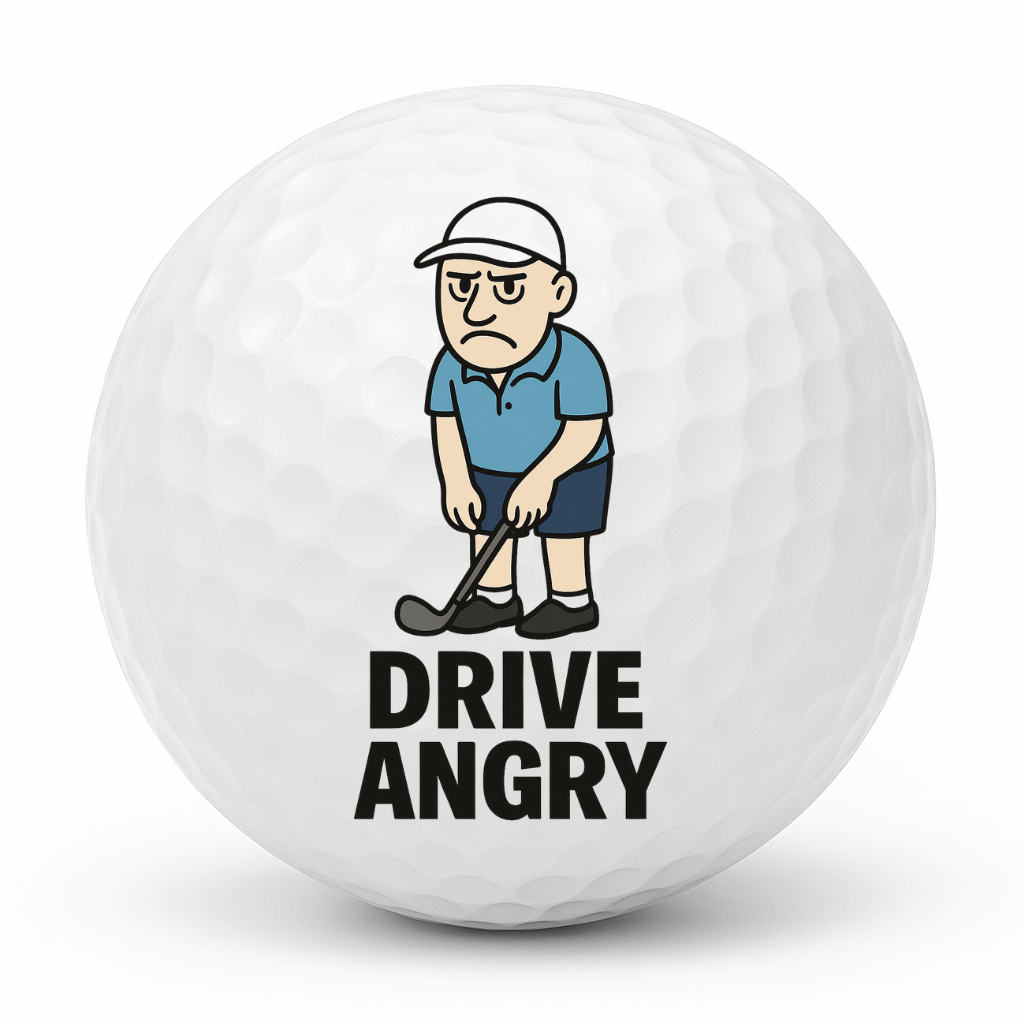 Cartoon angry golfer lining up a shot with the text Drive Angry on a white golf ball.