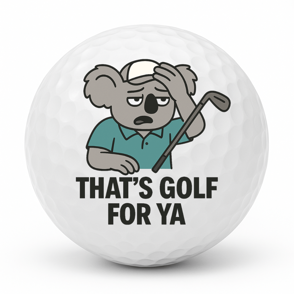 Koala golfer holding his head with the text Thats Golf For Ya printed on a novelty golf ball.