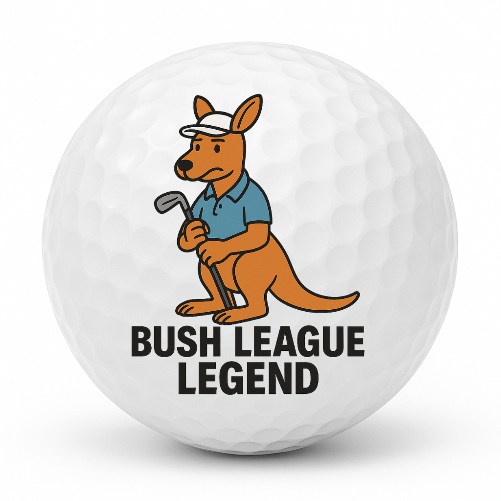 Cartoon kangaroo golfer standing with a club and the text Bush League Legend on a white golf ball.