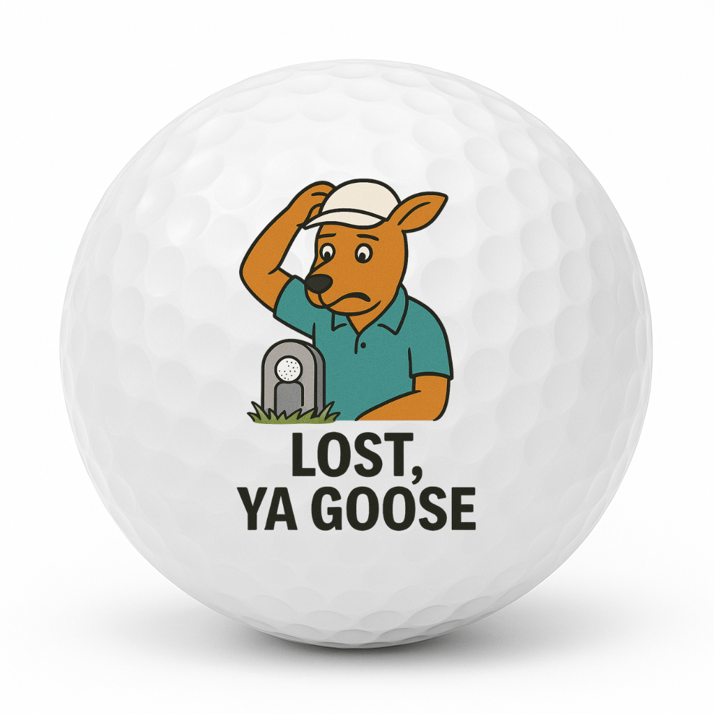 Cartoon kangaroo golfer scratching his head next to a tiny golf-ball gravestone with the text Lost Ya Goose on a white golf ball.