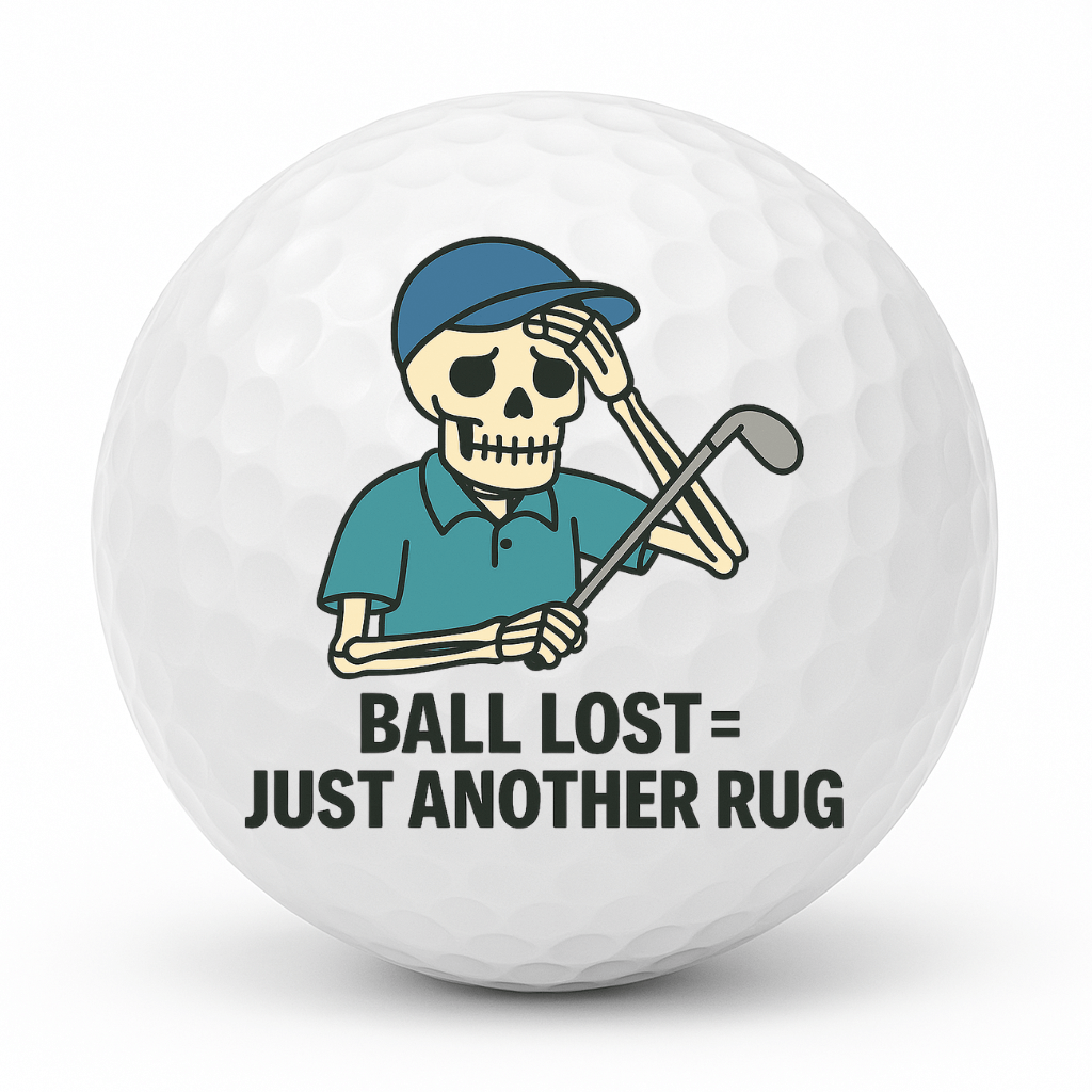 Cartoon skeleton golfer holding a club and wiping his brow with the text Ball Lost Just Another Rug on a white golf ball.