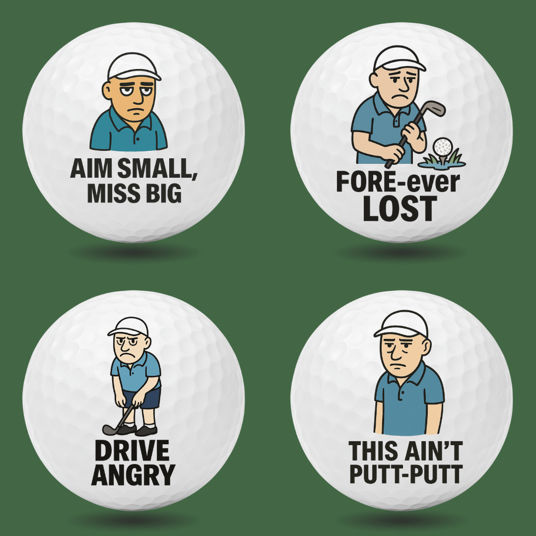 Grumpy Golfers novelty golf ball set from Bogey Blokes, a funny gift for men who golf, printed with Aim Small Miss Big