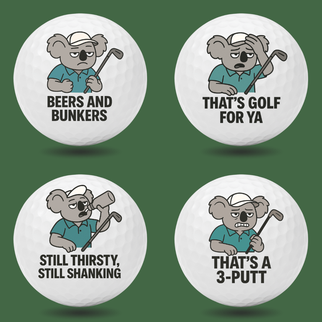 Funny koala novelty golf balls from Bogey Blokes printed with Beers and Bunkers and Thats a 3-Putt