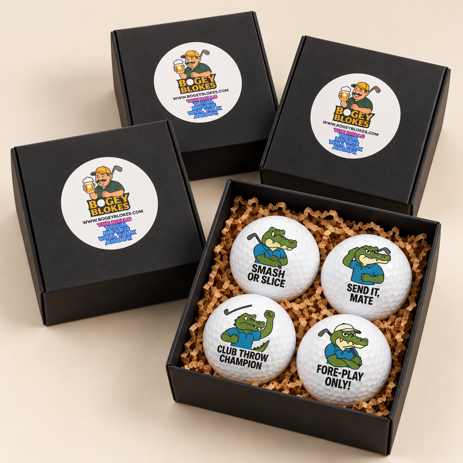 Four Bogey Blokes gift boxes with an example Fairway Crocs set; choose any four sets.