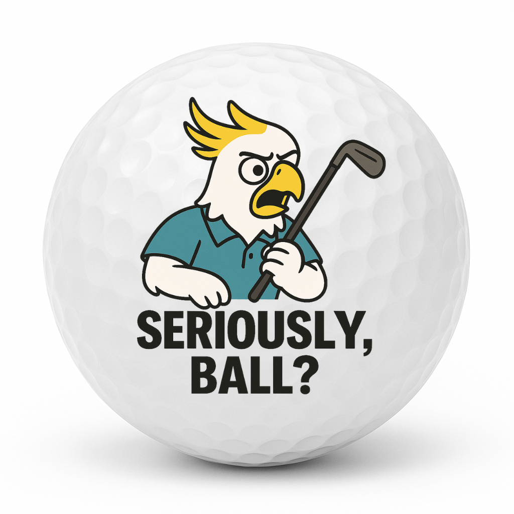 Angry cockatoo golfer gripping a golf club with the text Seriously Ball printed on a novelty golf ball.