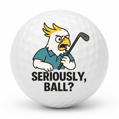 Angry cockatoo golfer gripping a golf club with the text Seriously Ball printed on a novelty golf ball.