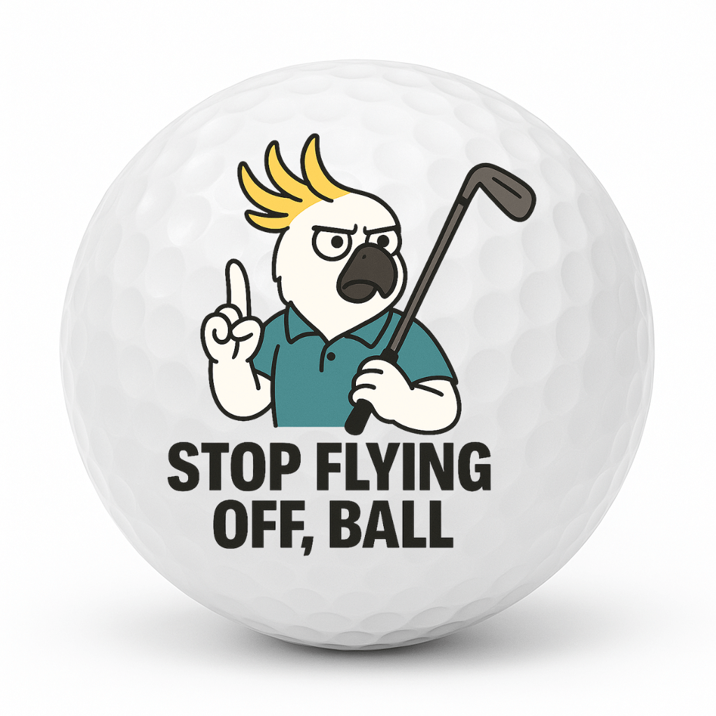 Cockatoo golfer pointing upward with the text Stop Flying Off Ball printed on a novelty golf ball.