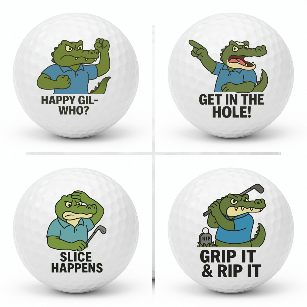 Set of four novelty crocodile golf balls featuring Get In The Hole, Grip It and Rip It, Happy Gil Who, and Slice Happens in a 2x2 grid.