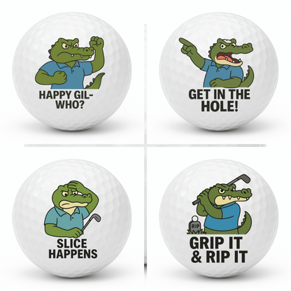 Set of four novelty crocodile golf balls featuring Get In The Hole, Grip It and Rip It, Happy Gil Who, and Slice Happens in a 2x2 grid.
