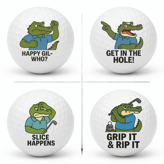 Set of four novelty crocodile golf balls featuring Get In The Hole, Grip It and Rip It, Happy Gil Who, and Slice Happens in a 2x2 grid.