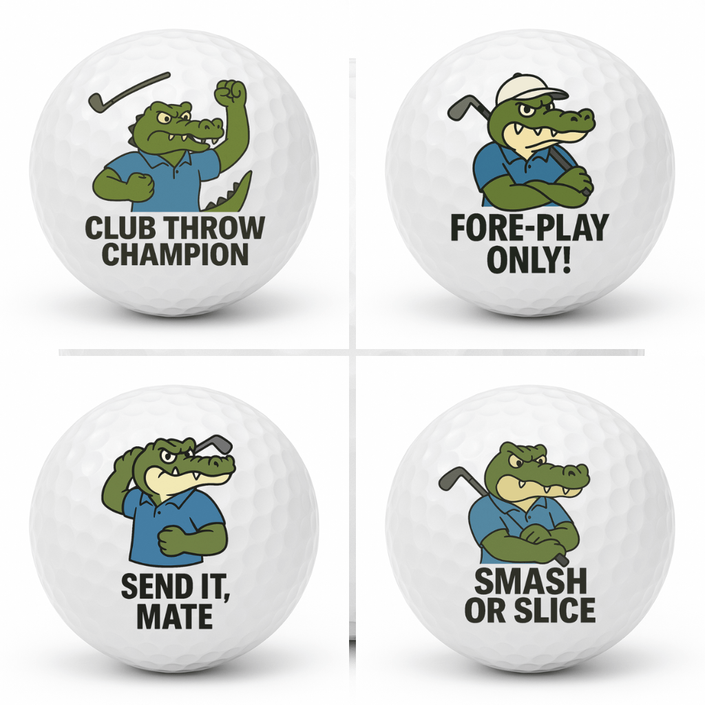 Set of four novelty crocodile golf balls featuring Smash Or Slice, Send It Mate, Club Throw Champion, and Fore Play Only displayed together in a 2x2 collage.