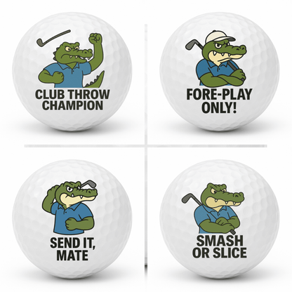 Set of four novelty crocodile golf balls featuring Smash Or Slice, Send It Mate, Club Throw Champion, and Fore Play Only displayed together in a 2x2 collage.