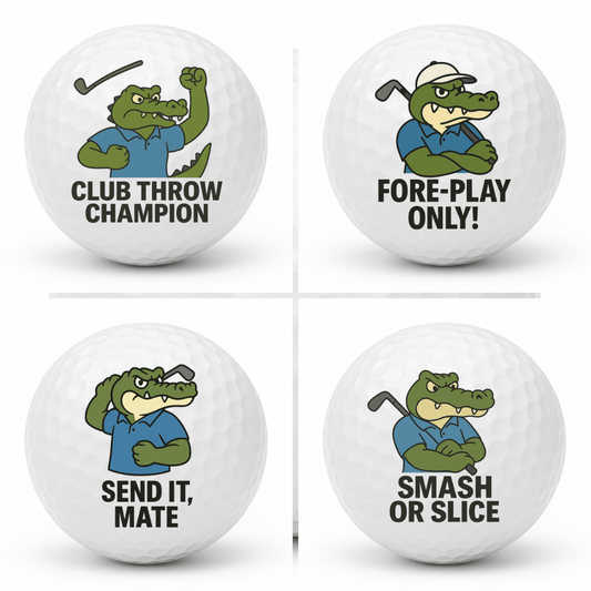 Set of four novelty crocodile golf balls featuring Smash Or Slice, Send It Mate, Club Throw Champion, and Fore Play Only displayed together in a 2x2 collage.