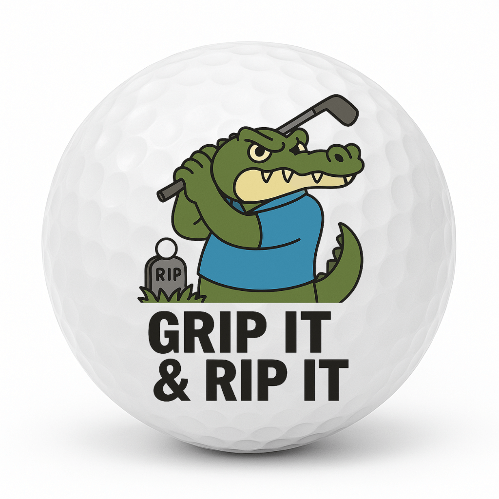 Cartoon crocodile golfer swinging a golf club with the text Grip It and Rip It on a white golf ball.