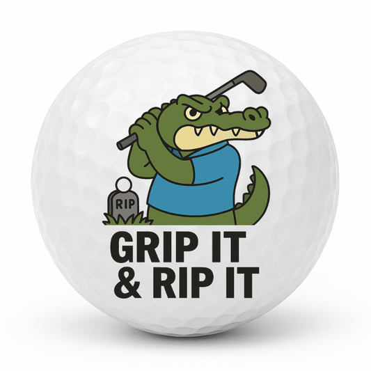 Cartoon crocodile golfer swinging a golf club with the text Grip It and Rip It on a white golf ball.