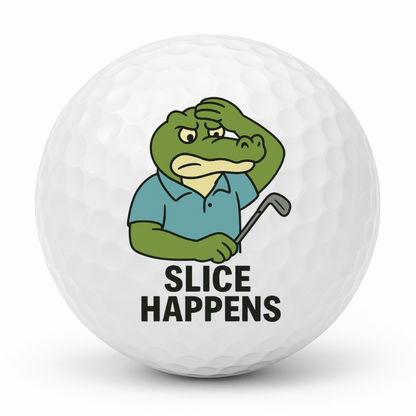 Cartoon crocodile golfer looking frustrated holding a golf club with the text Slice Happens on a white golf ball.