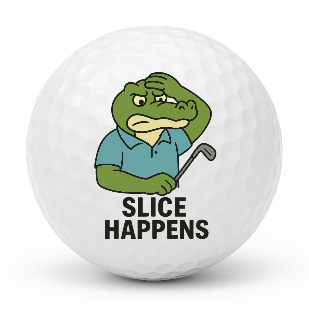 Cartoon crocodile golfer looking frustrated holding a golf club with the text Slice Happens on a white golf ball.