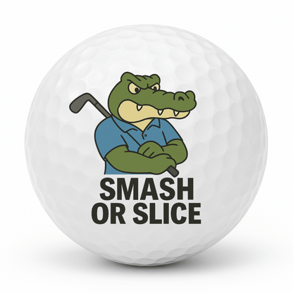 Cartoon crocodile golfer with arms crossed holding a golf club and the text Smash Or Slice printed on a white golf ball.
