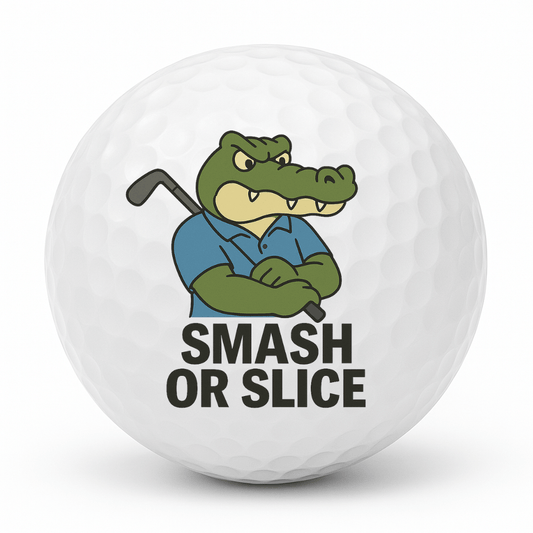 Cartoon crocodile golfer with arms crossed holding a golf club and the text Smash Or Slice printed on a white golf ball.