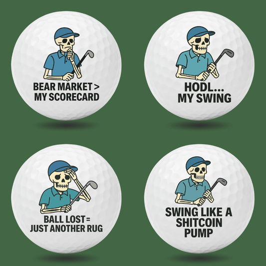 Crypto themed novelty golf balls with skeleton golfer and funny quotes like “HODL My Swing” and “Bear Market > My Scorecard”, unique golf gift by Bogey Blokes Australia
