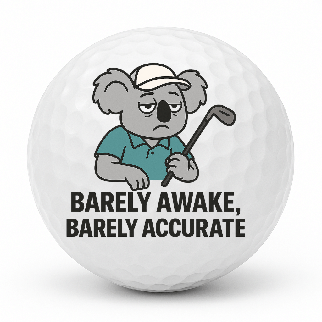 Sleepy koala holding a golf club with the text Barely Awake Barely Accurate printed on a novelty golf ball.