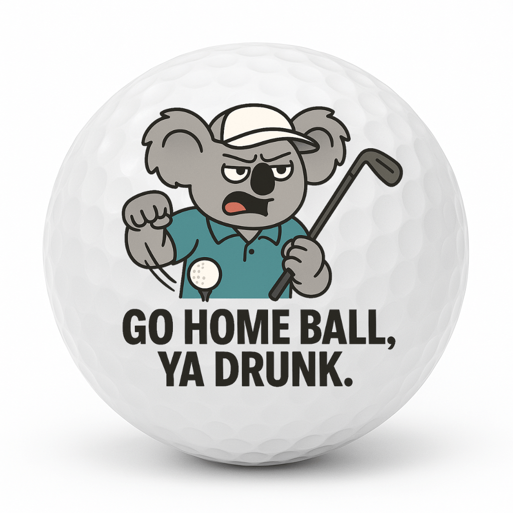 Angry koala golfer shaking a fist with the text Go Home Ball Ya Drunk printed on a novelty golf ball.