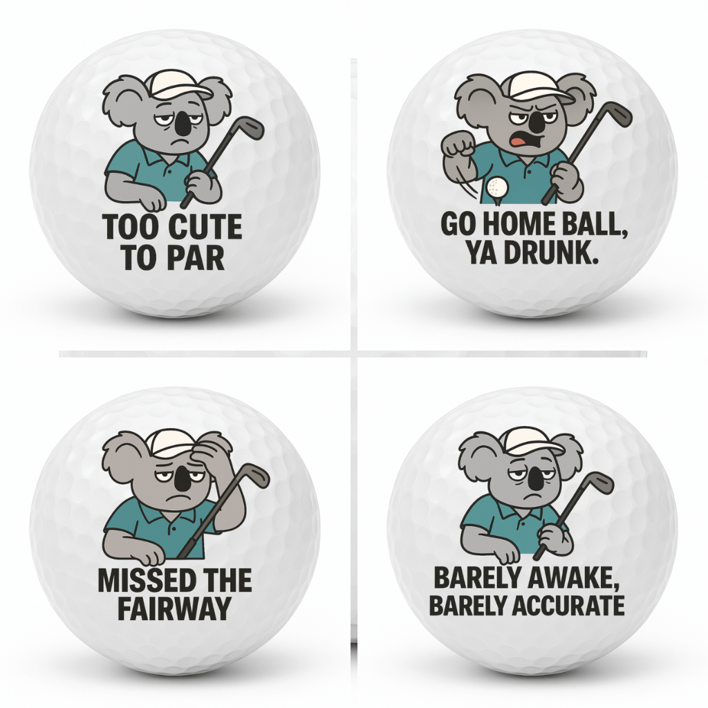 Four pack collage of Dozy Koala novelty golf balls featuring the designs Too Cute To Par, Go Home Ball Ya Drunk, Missed The Fairway and Barely Awake Barely Accurate.