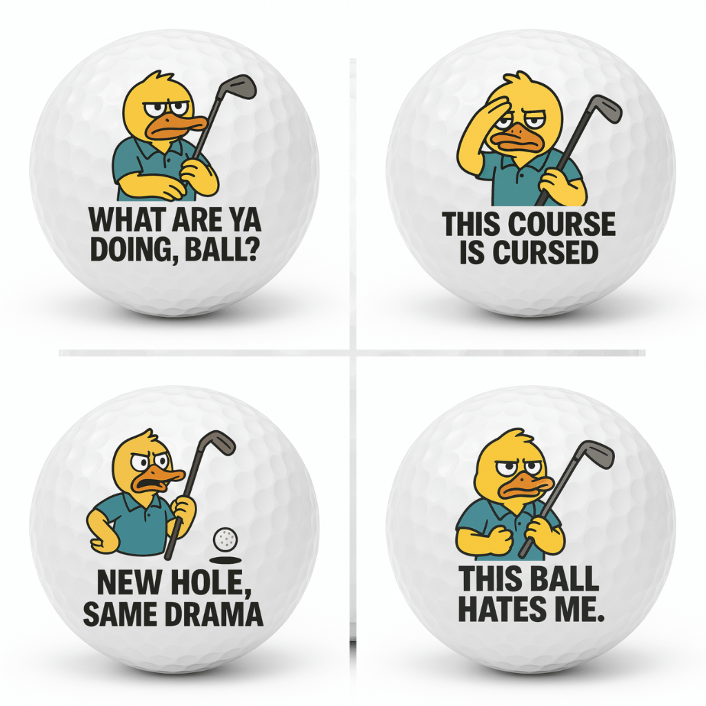Four pack collage of Duckin Useless novelty golf balls featuring the designs What Are Ya Doing Ball This Course Is Cursed New Hole Same Drama and This Ball Hates Me.