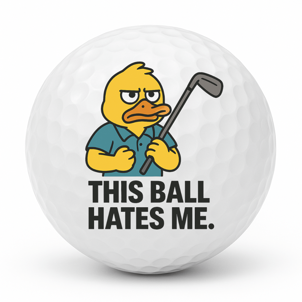 Frustrated duck golfer gripping a club with the text This Ball Hates Me printed on a novelty golf ball.