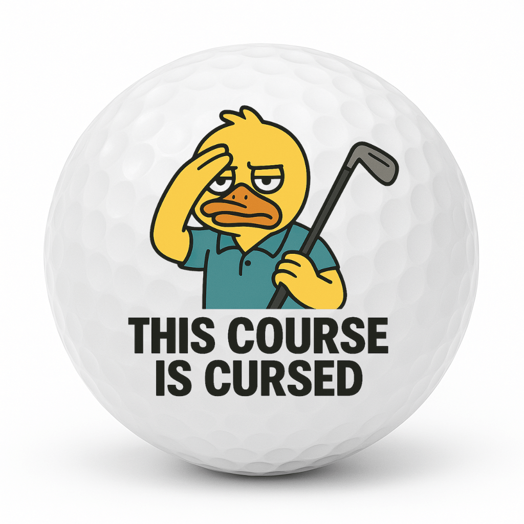 Annoyed duck golfer scratching his head with the text This Course Is Cursed printed on a novelty golf ball.