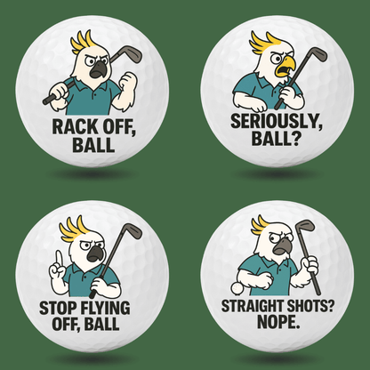 Funny cockatoo novelty golf balls with Aussie golf slang quotes like “Rack Off, Ball” and “Stop Flying Off, Ball”, perfect novelty golf gift by Bogey Blokes Australia