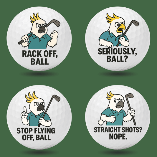 Funny cockatoo novelty golf balls with Aussie golf slang quotes like “Rack Off, Ball” and “Stop Flying Off, Ball”, perfect novelty golf gift by Bogey Blokes Australia
