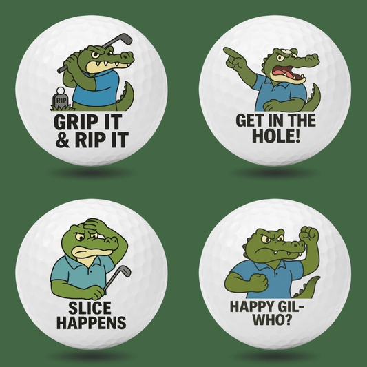 Funny crocodile novelty golf balls with bold golf humour quotes like “Grip It & Rip It”, “Slice Happens” and “Happy Gil-Who?”, perfect novelty golf gift by Bogey Blokes Australia