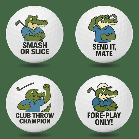 Funny crocodile novelty golf balls with Aussie golf humour quotes like “Smash or Slice”, “Send It, Mate” and “Club Throw Champion”, perfect novelty golf gift by Bogey Blokes Australia