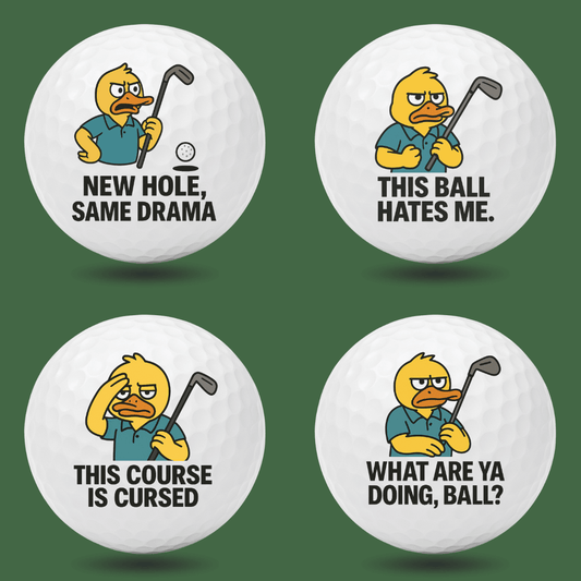 Funny duck novelty golf balls with sarcastic golf quotes like “New Hole, Same Drama” and “What Are Ya Doing, Ball?”, perfect novelty golf gift by Bogey Blokes Australia