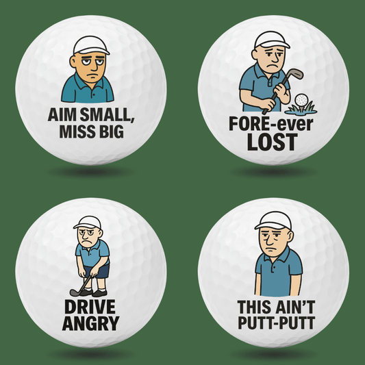 Funny novelty golf balls featuring a frustrated golfer character with quotes like “Aim Small, Miss Big”, “Fore-ever Lost” and “This Ain’t Putt-Putt”, perfect golf gift by Bogey Blokes Australia