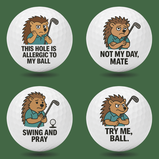 Funny hedgehog novelty golf balls with sarcastic golf quotes including “Swing and Pray” and “Not My Day, Mate”, perfect gag gift for golfers by Bogey Blokes Australia