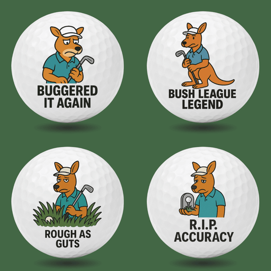 Funny kangaroo novelty golf balls with Aussie golf slang quotes like “Buggered It Again”, “Bush League Legend” and “R.I.P. Accuracy”, perfect novelty golf gift by Bogey Blokes Australia