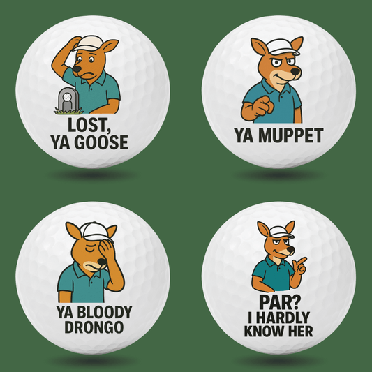 Funny kangaroo novelty golf balls with Aussie slang golf quotes like “Lost, Ya Goose”, “Ya Muppet” and “Par? I Hardly Know Her”, perfect novelty golf gift by Bogey Blokes Australia