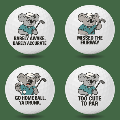 Funny koala novelty golf balls with golf humour quotes including “Barely Awake, Barely Accurate”, “Missed the Fairway” and “Too Cute to Par”, ideal novelty golf gift by Bogey Blokes Australia