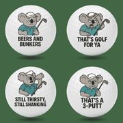 Funny koala novelty golf balls with Aussie golf humour quotes like “Beers and Bunkers”, “That’s Golf For Ya” and “That’s a 3-Putt”, ideal golf gift by Bogey Blokes Australia