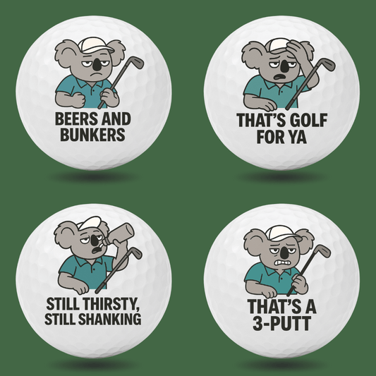 Funny koala novelty golf balls with Aussie golf humour quotes like “Beers and Bunkers”, “That’s Golf For Ya” and “That’s a 3-Putt”, ideal golf gift by Bogey Blokes Australia