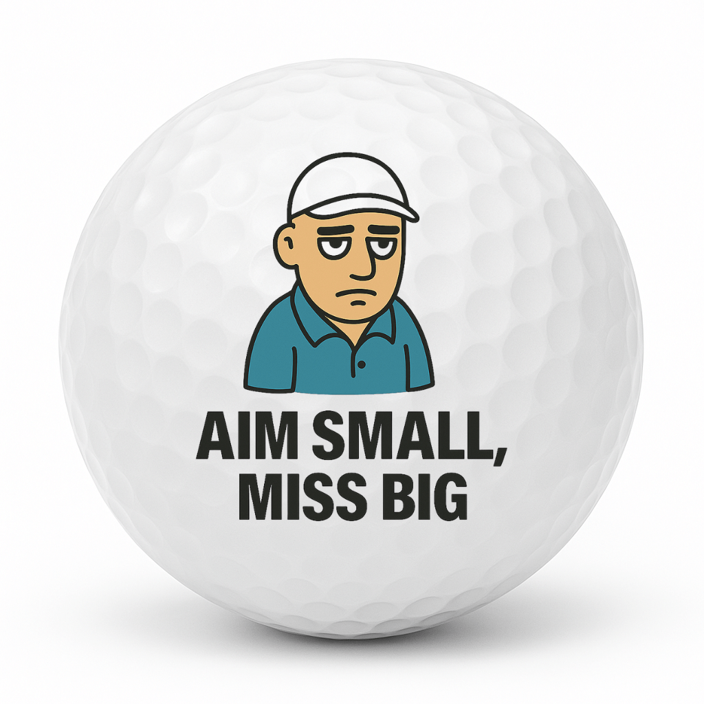Cartoon unimpressed golfer staring ahead with the text Aim Small Miss Big on a white golf ball.