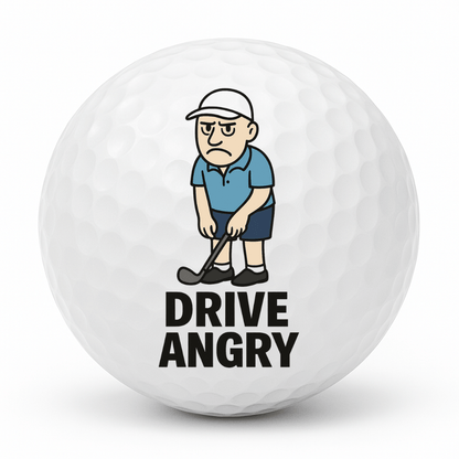 Cartoon angry golfer lining up a shot with the text Drive Angry on a white golf ball.