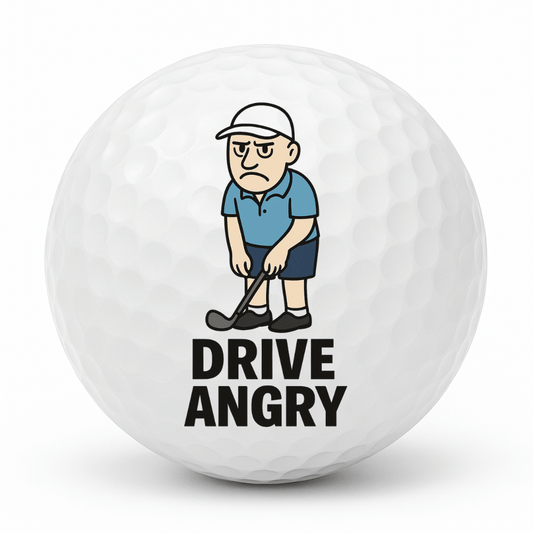 Cartoon angry golfer lining up a shot with the text Drive Angry on a white golf ball.
