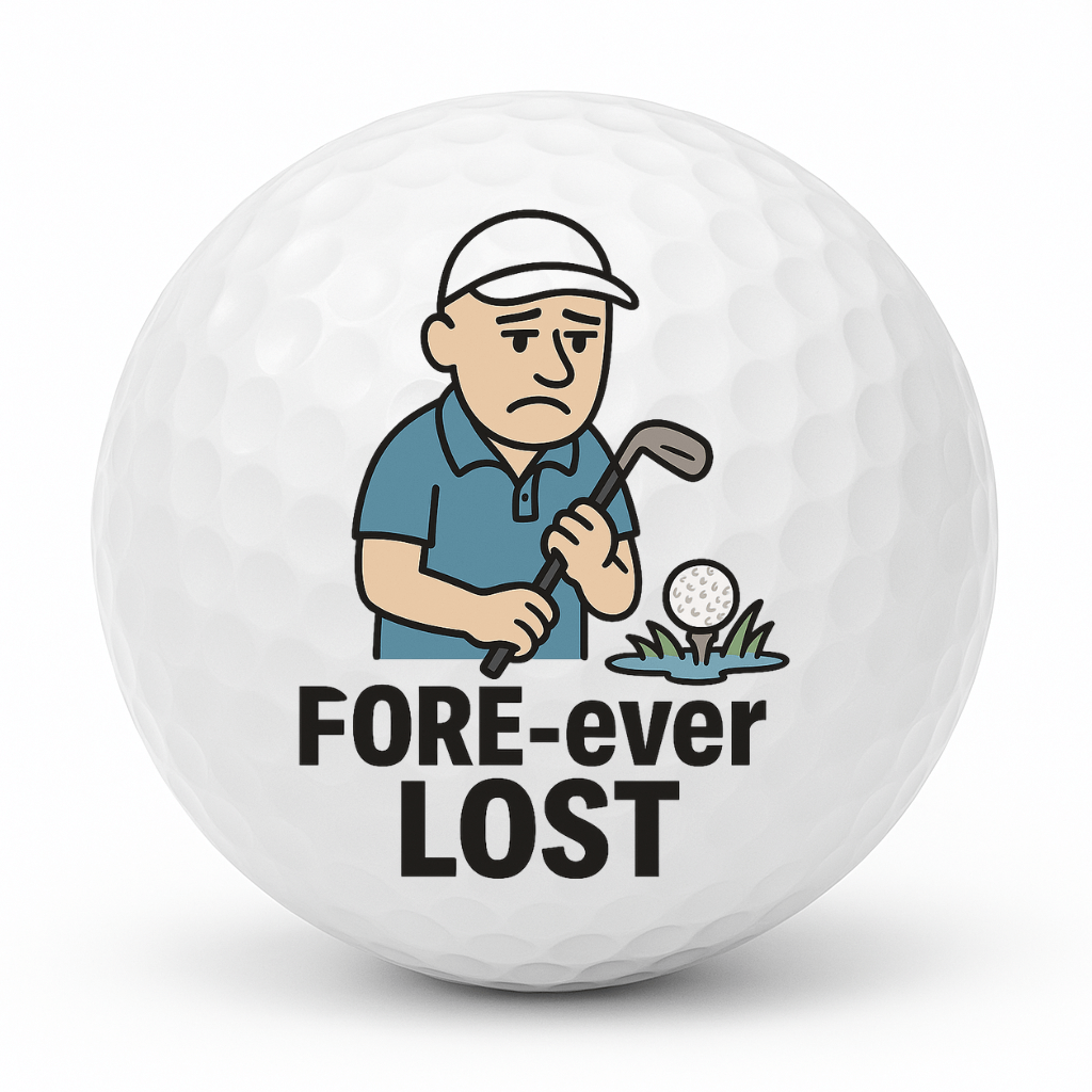 Cartoon grumpy golfer holding a club and looking at a lost golf ball in the rough with the text FORE ever Lost on a white golf ball.
