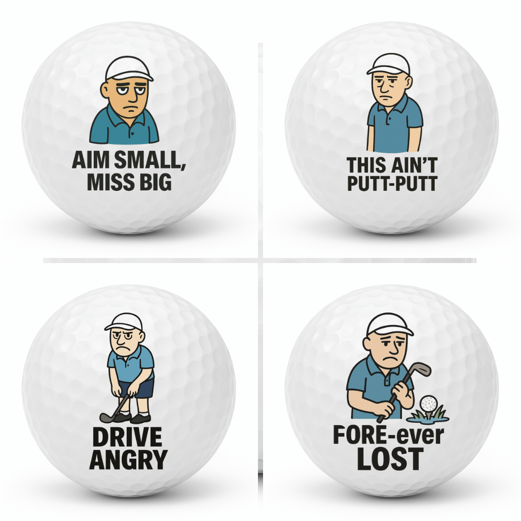 Set of four novelty grumpy golfer golf balls featuring Aim Small Miss Big, This Ain’t Putt Putt, Drive Angry, and FORE ever Lost displayed together in a 2x2 collage.