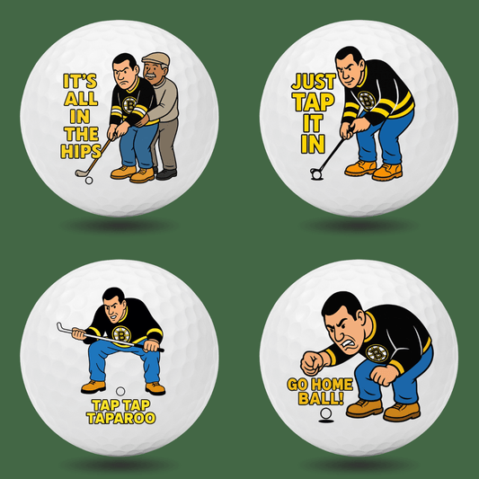Happy Gilmore inspired novelty golf balls featuring “Just Tap It In”, “Tap Tap Taparoo” and funny putting quotes, perfect golf gift set by Bogey Blokes Australia